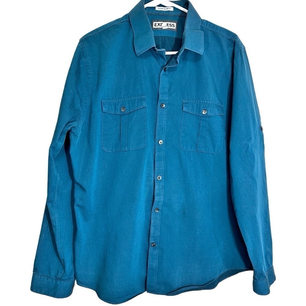 🌸Express- Men's Teal Extra Slim Fit Button Down Dress Shirt- XL 17-17.5